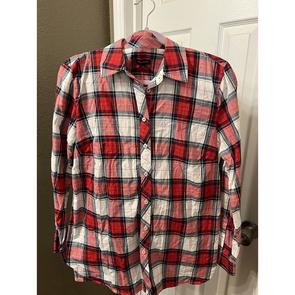 EUC Talbots Large Red White Plaid Check Tartan LS Buttondown Shirt Top